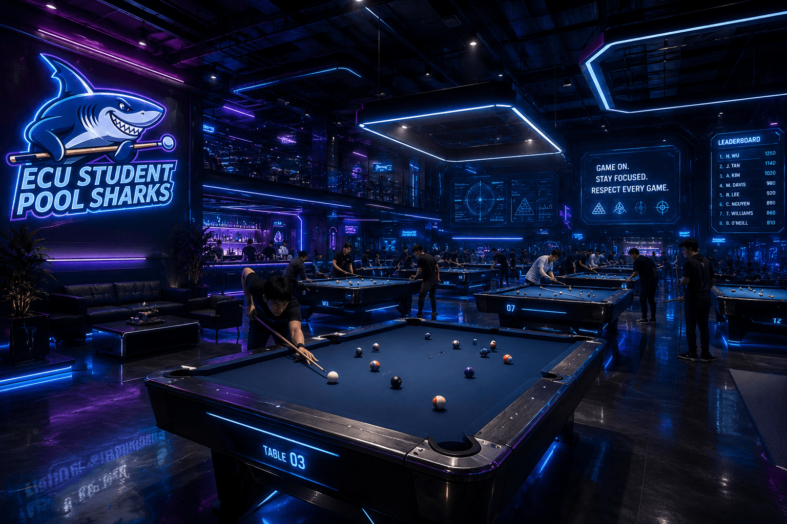 ECU Student Pool Sharks futuristic pool hall